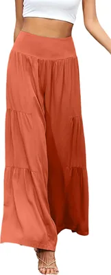 Obrázek produktu pro ASKSA Dámské plátěné kalhoty Letní elegantní kalhoty s vysokým pasem a širokou nohavicí Lehké kalhoty, cihlově červená, vel: XXL