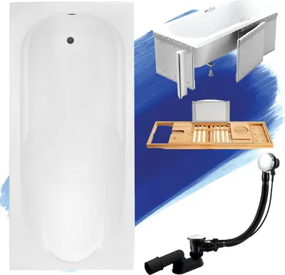Produktbild von Badewanne Rechteck Set 5in1 170x70 mit Premium Ablaufgarnitur und Füßen GRATIS + Verkleidung (Styropor) + Bambus Holzablage | BADLAND BONA