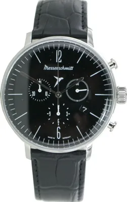 A close-up studio shot of a men's wristwatch with a black dial and a black leather strap.