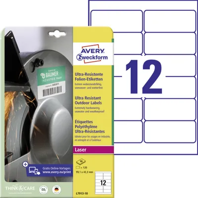 Produktbild von Avery Zweckform L7913-10 Ultra-Resistente Folien-Etiketten, 99,1 x 42,3 mm, 10 Bogen/120 Etiketten, weiß