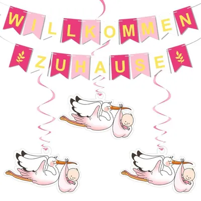Productafbeelding van Welkomstbanner met 6 stierfiguren, decoratie voor een babyfeestje, meisjes, roze