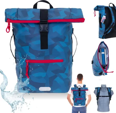 Produktbild von Rucksack Plane Time Bag 24 L Kurierrucksack Roll-Top Jungen Mädchen Laptop Fach Geheimfach Brustgurt Flecktarn DIN A4 Elephant Schulrucksack 12824 Cyber Camo Blau + f