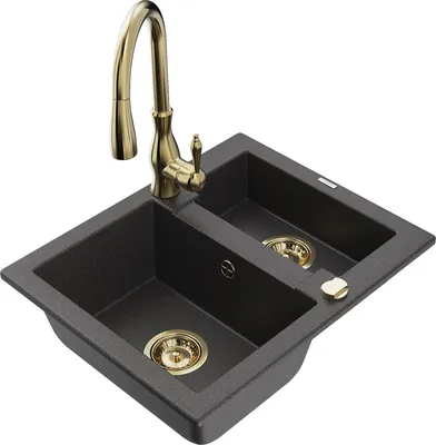 Produktbild von Mexen Carlos 1,5-Becken-Granitspüle mit Mischbatterie Savita, Schwarz gesprenkelt - 6518-76-672601-50