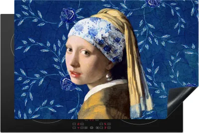 Produktbild von KitchenYeah© Herdabdeckplatte Mädchen mit Perlenohrring - Delfter Blau - Vermeer - Blumen - Gemälde - Alte Meister , 80x52cm, Küche Deko, Glaskeramikkochfeld Herdabdeckung, Abdeckplatte fùr Kochfeld