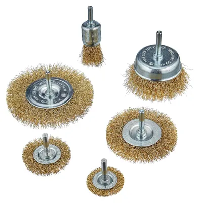 Produktbild von Drahtbürsten-Set 6-teilig, mittelgrobe Stahlbürsten, 6-mm-Schaft für Bohrmaschine und Akkuschrauber, geeignet zur Rost- und Farbentfernung auf Metall
