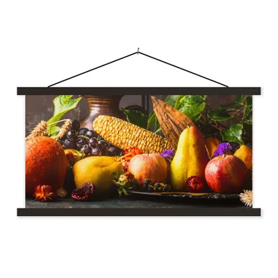 Produktbild von MuchoWow® Textilposter Gemüse - Obst - Rustikal - Tisch 90x45 cm mit schwarzem Rahmen - Klemmleisten
