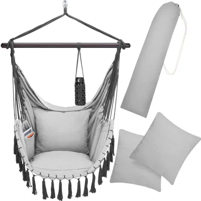 A hanging chair with accessories, laid out on a white background.