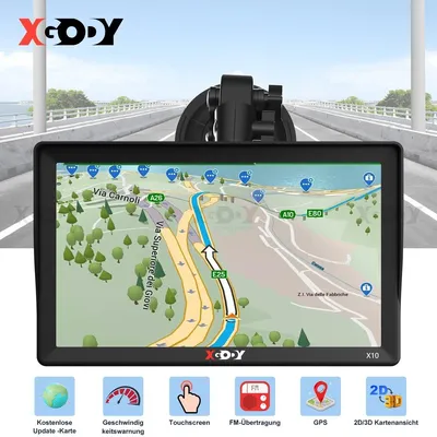 Zdjęcie produktu dla Nawigacja GPS 9 cali z trybem dla ciężarówek, wyświetlaniem map w 3D, dożywotnią aktualizacją map, mapami Europy, asystentem pasa ruchu i nawigacją głosową. Wyposażona w ekran dotykowy