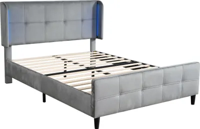 Produktbild von Polsterbett mit LED-Beleuchtung, 140x200 cm, Doppelbett mit Lattenrost, Kopfteil höhenverstellbar, Samt