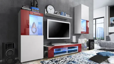 Produktbild von Vladon Wohnwand Movie, Anbauwand bestehend aus 1 TV-Board, 2 Vitrinen und 1 Regal, Weiß matt/Weiß matt/Bordeaux Hochglanz, inkl. LED-Beleuchtung blau (Gesamt: 300 x 190 x 39 cm)