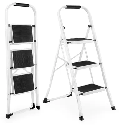 Produktbild von 3-stufige Leiter, leichte Klappleiter für Erwachsene mit rutschfesten Trittflächen – stabile, tragbare Leiter mit Handläufen, Tragkraft 150 kg, für Küche und Haushalt
