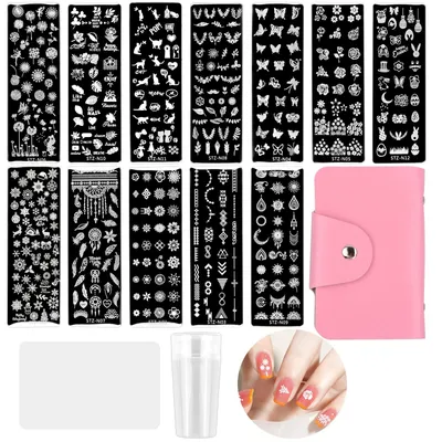 Produktbild von 12 Stück DIY-Schaber, Nagelkunst, Stempelvorlagen, Stempel, Vorlage mit transparenten Stempeln, für Maniküre