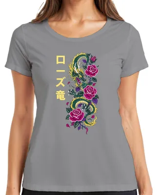 Produktbild von ローズ竜 Japanischer Drache Rosen Tattoo Rose Dragon Japan Y2K Irezumi Damen T-Shirt, Grau, L