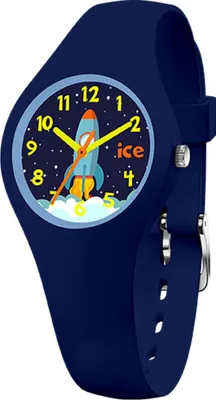 A close-up, angled view of a children's watch with a space-themed dial.