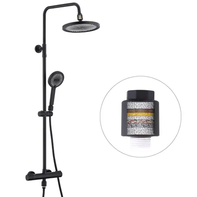 A black shower system with a showerhead and a handheld showerhead, shown with a close-up of a filter cartridge.