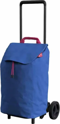 A blue shopping trolley with black wheels and handle, and a pink handle grip.