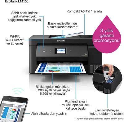Produktbild von Epson EcoTank L14150, Tintenstrahl, Farbdruck, 4800 x 1200 DPI, Farbkopieren, Direktdruck, Schwarz