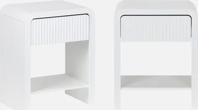 Two white nightstands are shown against a white background.
