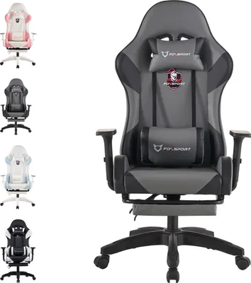 A collage of different colored gaming chairs, with one chair prominently displayed in the foreground.