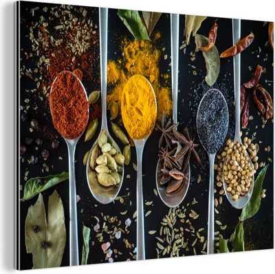Produktbild von MuchoWow® Alubilder Wanddeko Metall Metallbild Wandkunst 80x60 cm Löffel - Gewürze - Kräuter - Lebensmittel - Tisch Aluminium Gemälde Dibond Wandbild - Alubild
