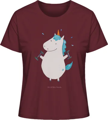 Produktbild von Mr. & Mrs. Panda T-Shirt für Frauen Einhorn Fitness Größe XL - Burgundy - Geschenk, Kurzarmshirt Damen, Sommershirt, Gym, Baumwoll, Basic Shirt, Oberteil, Bedrucktes