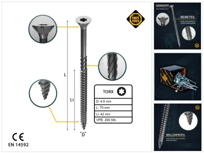 Produktbild von FORTE Tools Universal Holzschraube 4,5 x 70 mm T20 200 Stk. ( 000040113876 ) silber verzinkt Torx Senkkopf Teilgewinde