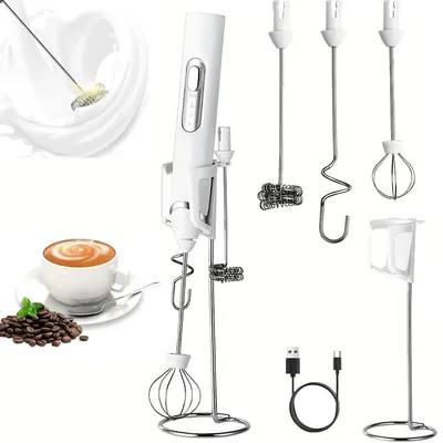 Produktbild von Milchaufschäumer Elektrisch, 3-in-1 Milch Frother mit Ständer, 3 Geschwindigkeiten,  USB-C Aufladbar, für Cappuccino, Latte, Matcha & Protein-Shakes