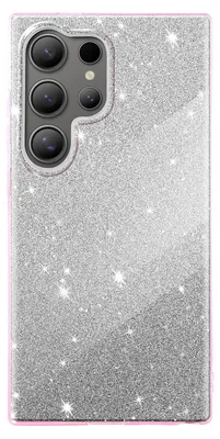 A close-up of a silver glitter phone case with a pink border.