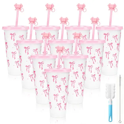 Trinkbecher mit Deckel & Strohhalm, 10er Set, 710 ml, rosa, BPA-frei