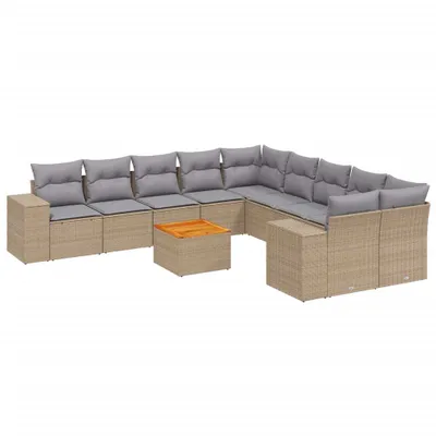 Produktbild von Modulare Garten-Sofagarnitur, 11-tlg. Loungemöbel-Set mit Stauraum, Poly Rattan Beige, Kissen Hellgrau, Akazienholz-Tischplatte