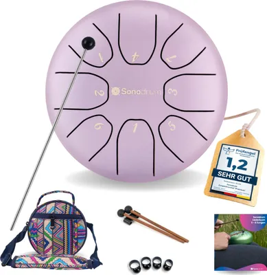 Produktbild von Sonodrum Zungentrommel: C - Dur in Flieder - 14 cm mit 8 Tönen, Steel Tongue Drum inkl. Liederbuch, Schlägel, Fingersticks und Tragetasche