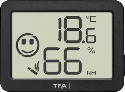 Produktbild von Digitales Thermo-Hygrometer schwarz – Temperatur & Luftfeuchtigkeit, Klima-Komfort-Anzeige für 4 Einsatzgebiete, Magnetbefestigung, Ständer, Speicherfunktion