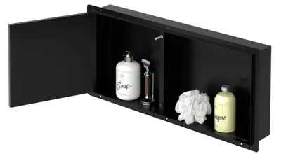 Obrázek produktu pro LuxeBath Nástěnná sprchová výklenka z nerezové oceli s obkladovými dveřmi 25,5 x 55,5 x 10 cm, černá, vodotěsná, bezrámová, s odkládací plochou