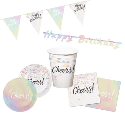 Produktbild von 30-teiliges Cheers / Prost Perlmutt Party-Set inkl. Pappteller, Pappbecher, Servietten und Girlanden