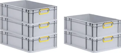 Produktbild von SuperSparSet 5x Eurobox NextGen Color | HxBxT 17x40x60cm | 34 Liter | Griffe gelb geschlossen | Glatter Boden | Grau | Eurobehälter, Transportbox, Transportbehälter, Stapelbehälter