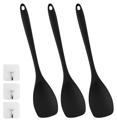 3 Kochlöffel mit Haken, hitzebeständig bis 210 °C, Silikon, schwarz