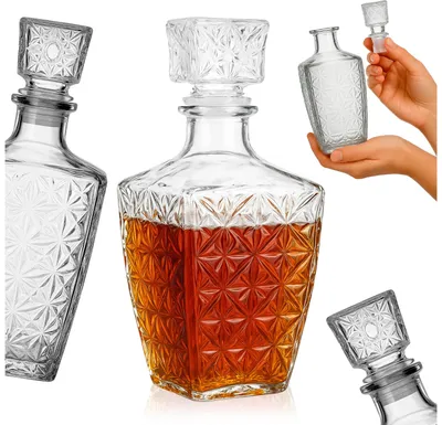 Produktbild von SuperButelki.pl – Karaffe 800 ml quadratische für Liköre, Wein, Likör, Cognac oder Whisky mit Glasverschluss 0,8 l dekorative Glaskaraffe als Geschenk