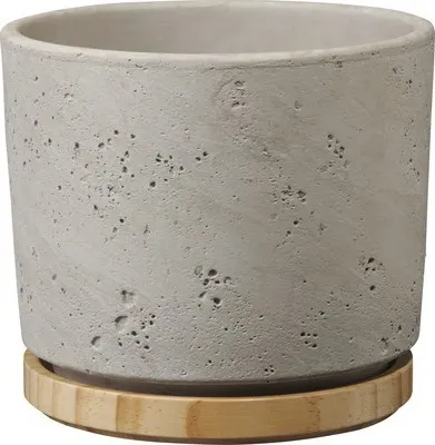 Produktbild von Blumentopf Soendgen Paros Deluxe Keramik Ø 19 cm H 17 cm hellgrau inkl. Holzuntersetzer
