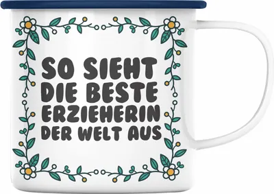 Produktbild von Trendation - Erzieherin Emaille Tasse Geschenk Herz Geschenke Abschiedsgeschenk mit Spruch Emaille Emaille Tasse für Erzieherin (Blau)