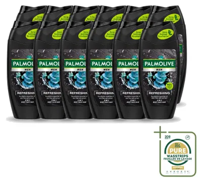 Obrázok produktu pre 12 kusov gélu na sprchovanie Palmolive Men 3v1, osviežujúca vôňa, 250 ml – balenie