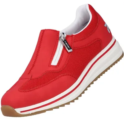 Das Bild zeigt einen roten flachen Schuh der von der Seite betrachtet wird. Der Schuh hat eine einfache und elegante Form mit einer glatten Oberfläche.