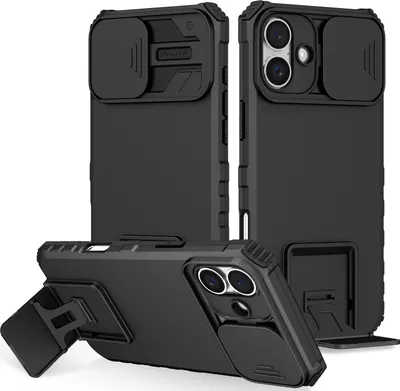 Immagine prodotto di Custodia per iPhone 16 a doppio strato robusta, protezione militare con kickstand e protezione fotocamera scorrevole nera