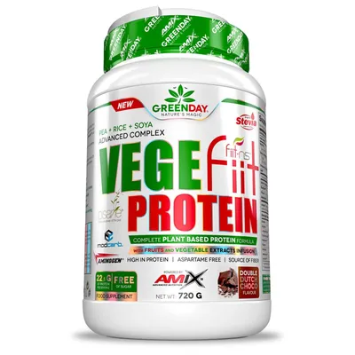 Productafbeelding van Amix Nutrition GreenDay Vegefiit, poeder, bevat: erwtenproteïne, rijstproteïne, sojaproteïne, chocolade, L-alanine, L-arginine, L-asparaginezuur, L-cysteïne, L-glutamine, L-glycine, L-histidine, L-isoleucine,..., Vegetabel eiwitmengsel 87% (geïsoleerd erwtenproteïne, rijstproteïne, sojaproteïne); cacaopoeder,..., 22,5 g