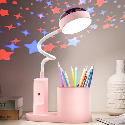 Kinderbureaulampe LED, dimmbar, Projektion, wiederaufladbar, rosa