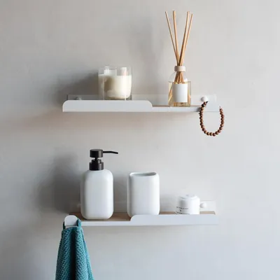 Produktbild von Set aus 2 Wandregalen mit Haken - 35 x 10 cm - Metall und Holz - Badezimmer Schlafzimmer