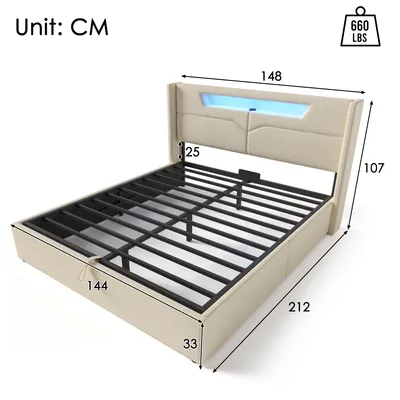 Immagine prodotto di okwish Letto imbottito 140 x 200 cm, LED Letto matrimoniale con ricarica USB Type-C, Letto con contenitore, Struttura in tessuto di lino, Robusto e resistente, Beige (senza materasso)