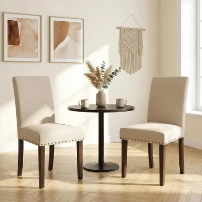Produktbild von Esszimmerstühle - Gepolsterte Esszimmerstühle - 2er-Set - Stoffbezug - Gepolsterte Sitzfläche - Nagelkopfbesatz - Massivholzbeine - Beige