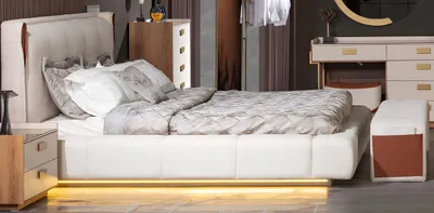 Obrázek produktu pro Beige Schlafzimmer Set Bett Nachttische Bank aus Holz Textil