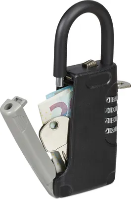 Produktbild von Relaxdays Schlüsseltresor mit Bügel, 4-stelliger Zahlencode, außen, Schlüsselsafe klein, HxBxT: 14,5 x 6 x 2 cm, schwarz