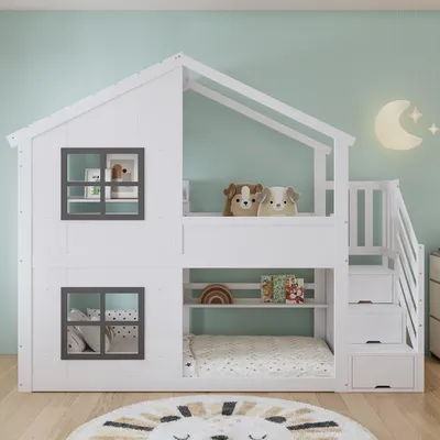 Produktbild von Flieks Kinderbett Hausbett 90x200cm mit Fenster und Dach, Etagenbett mit Stauraumtreppe, Kinder Hochbett Einzelbett für 2 Kinder, Weiß